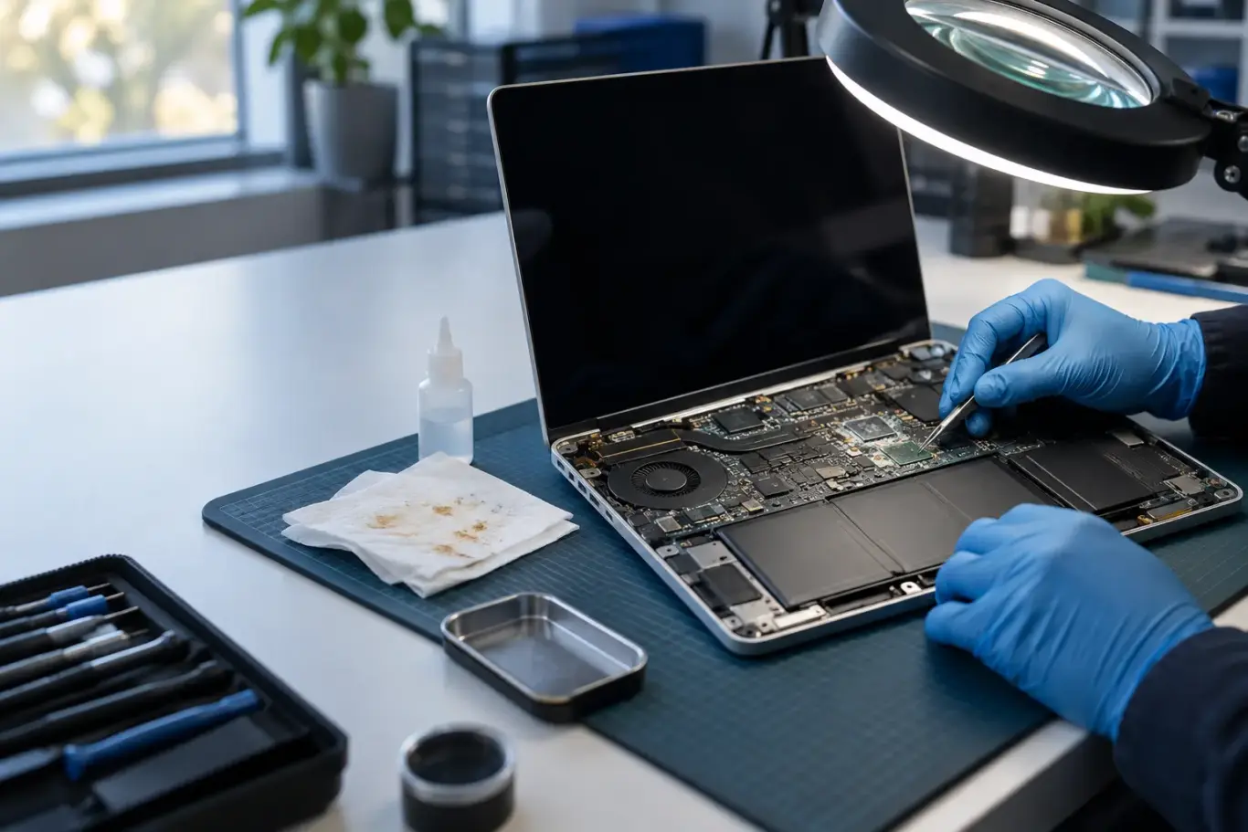 Technician inspecting liquid residue inside an open laptop