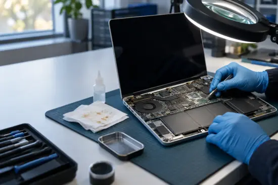 Technician inspecting liquid residue inside an open laptop