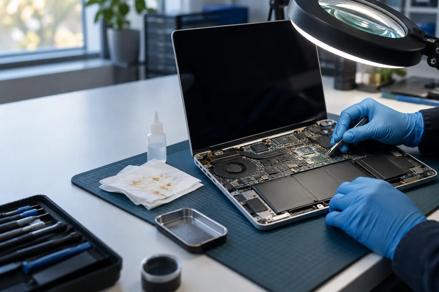Technician inspecting liquid residue inside an open laptop